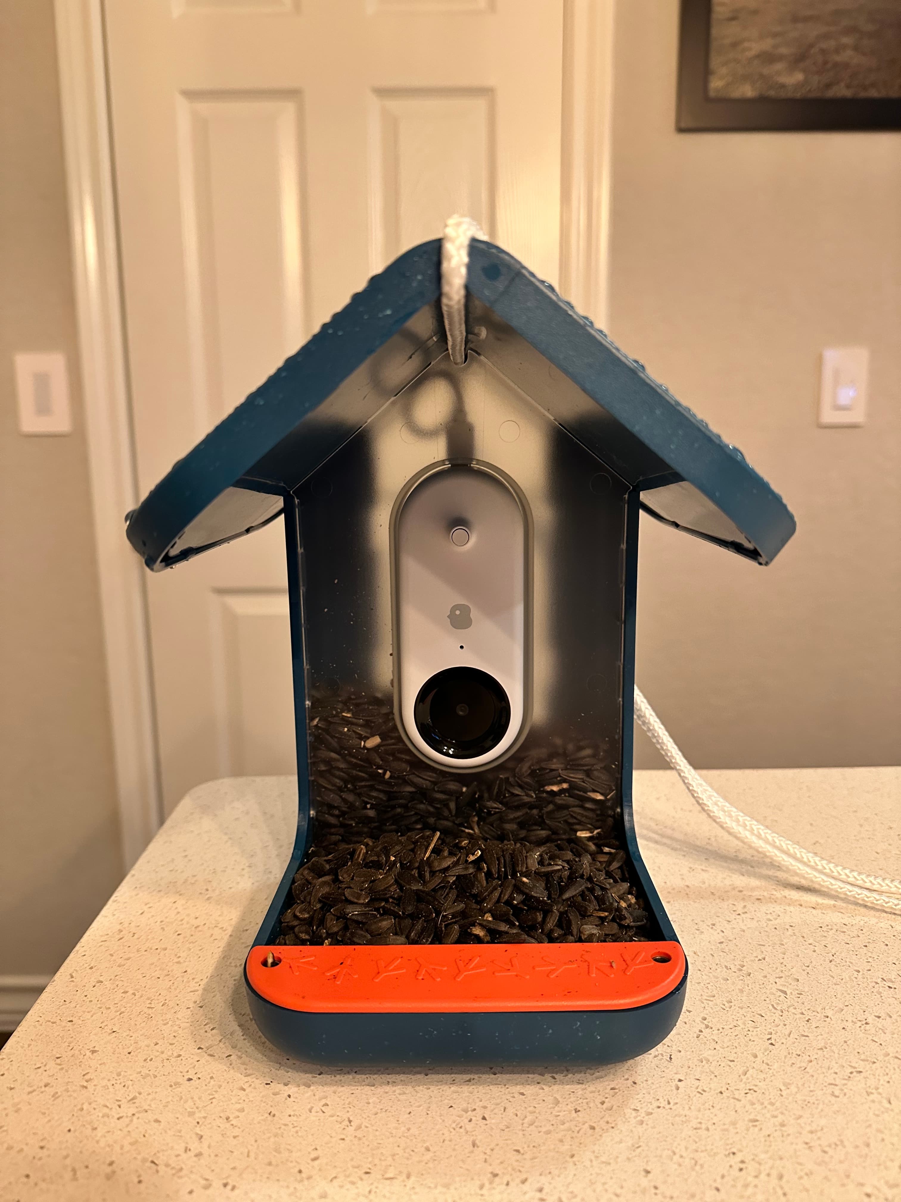 A front view of the Bird Buddy smart bird feeder. It was brought inside for these photos, so it’s wet and you can see how it holds birdseed.