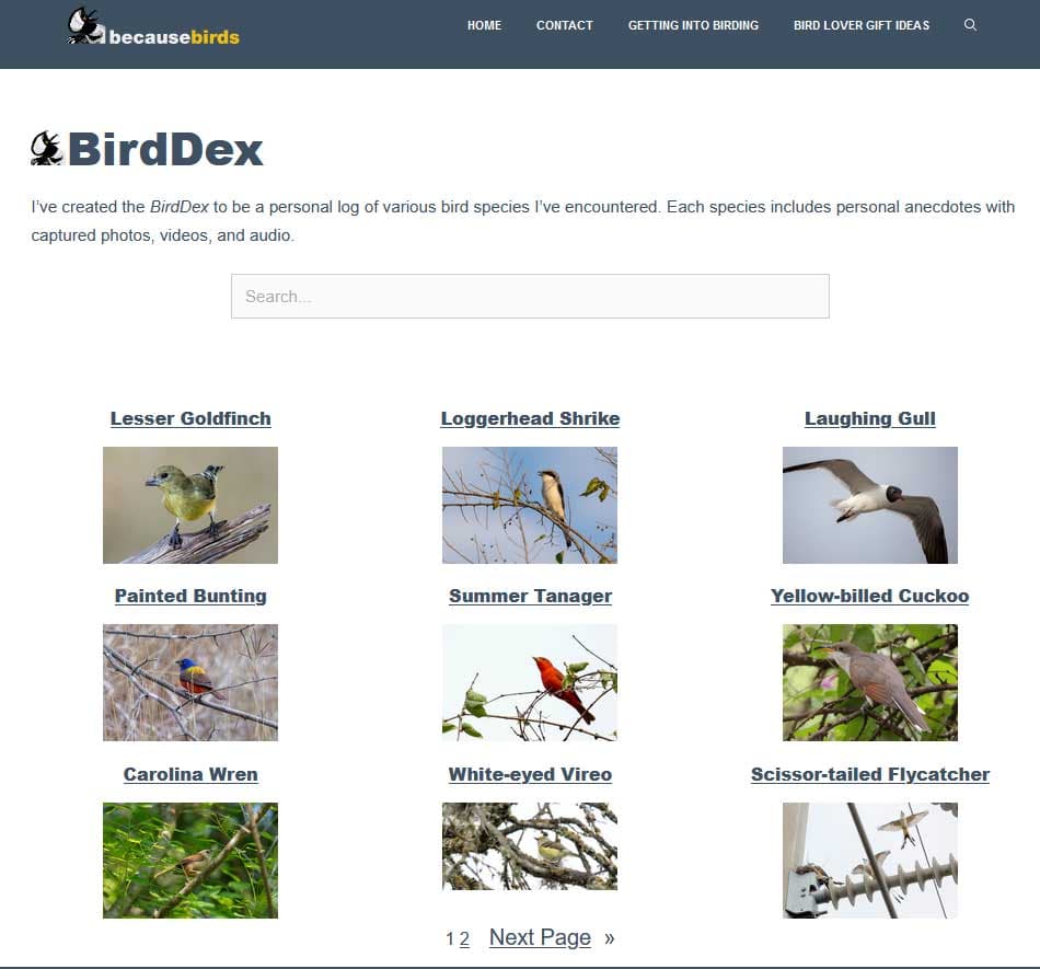 The main BirdDex page with search and the recent nine bird entries.