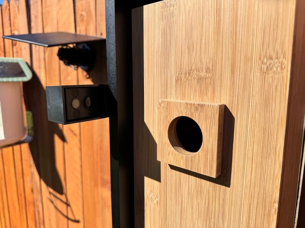 front view of the birdfy smart bird nest mounted on wood fence