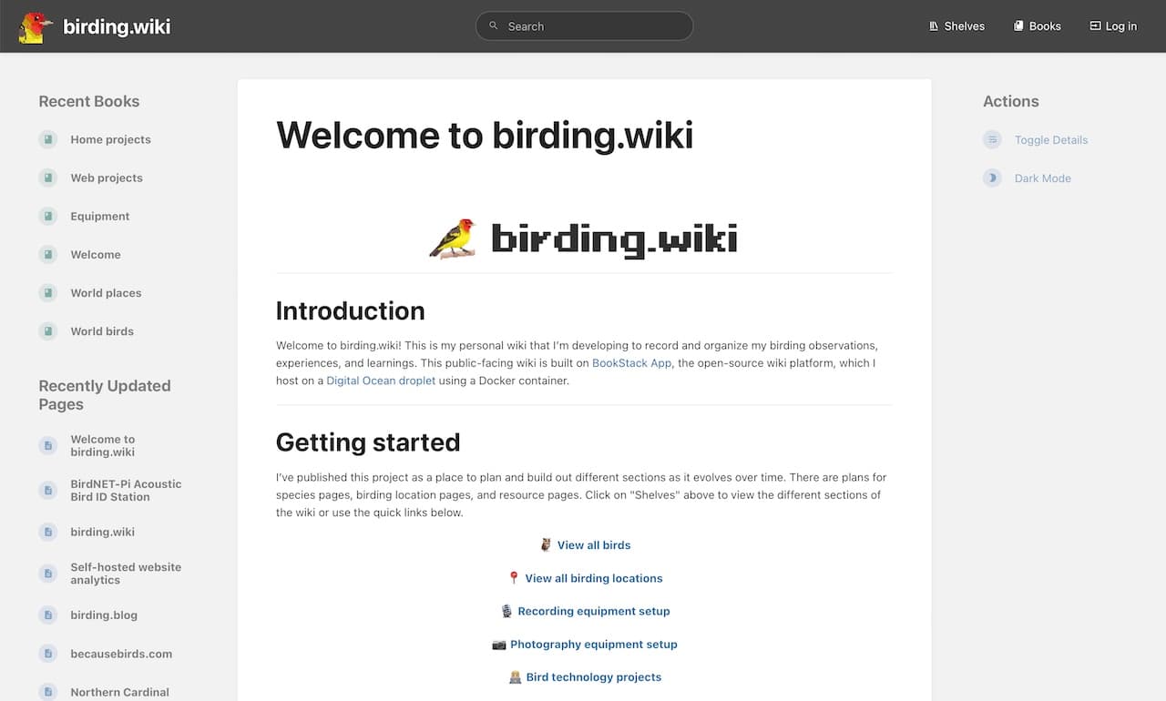 The birding.wiki homepage on BookStack App