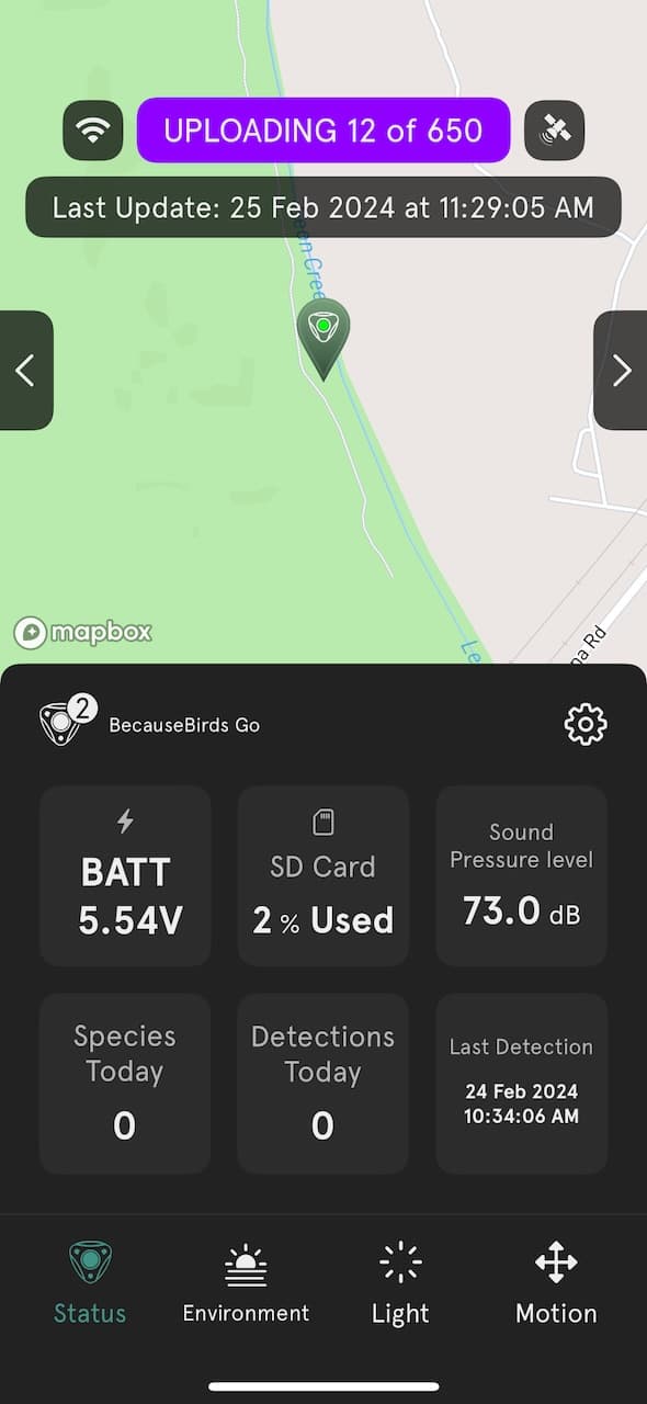 The BirdWeather app displays the PUC's upload progress