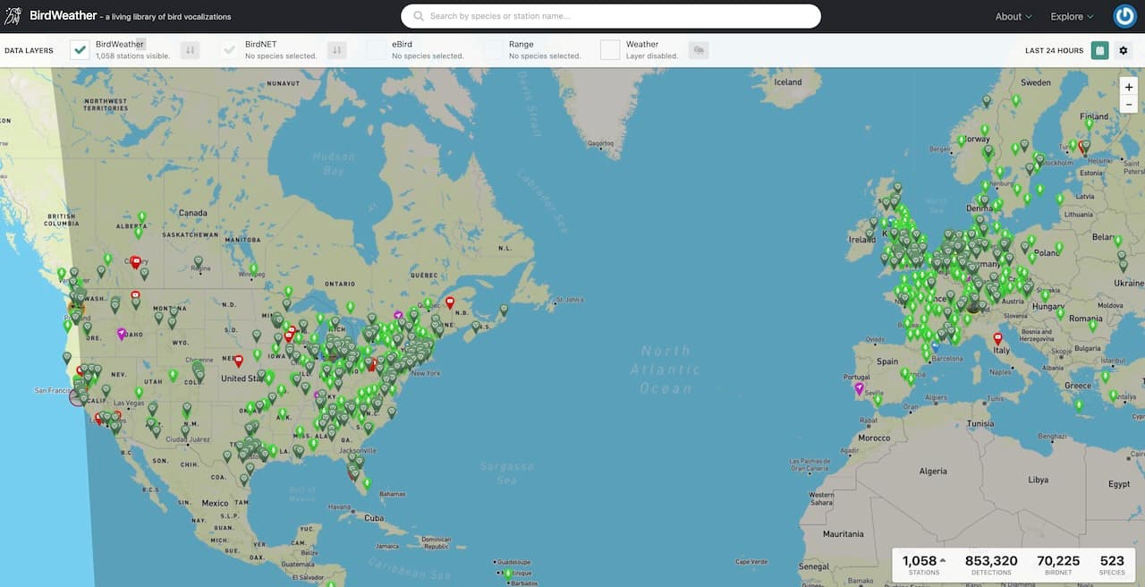 World map on birdweather.com showing the active PUC stations