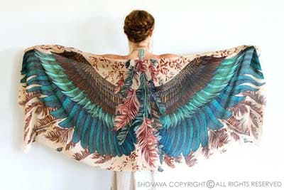 Bird Feather Wings Silk Shawl Scarf Blue