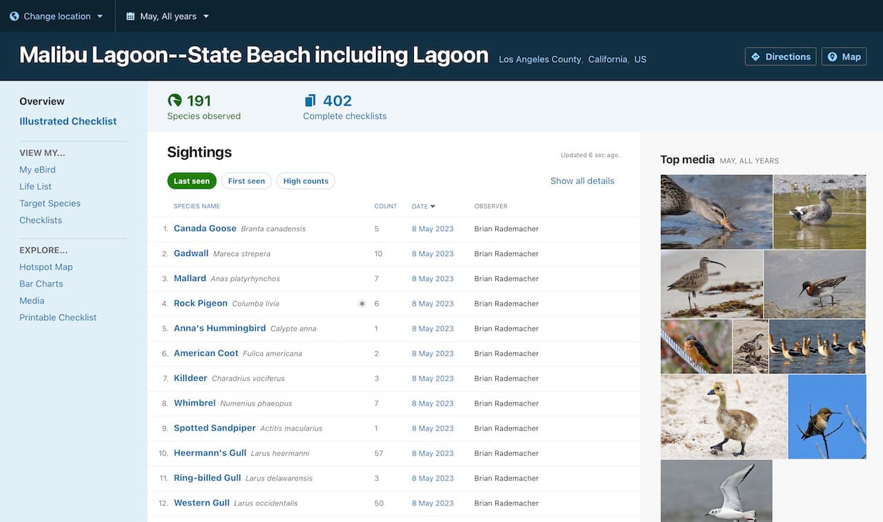 The overview page of an individual eBird hotspot