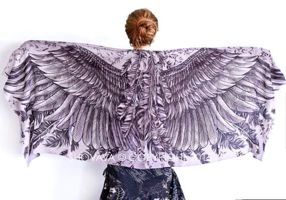 Bird Feathers Silk Scarf Shawl Black and White