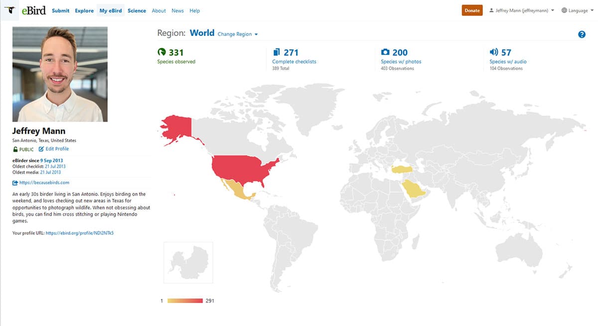 An eBird profile with personal birding stats