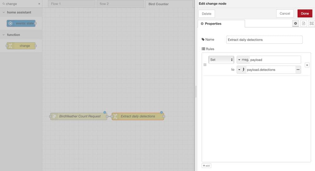 Set msg.payload to payload.detections and change the icon on the second line to Expression using the small dropdown button