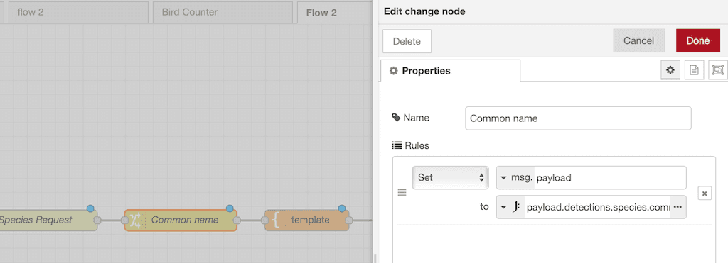Set msg.payload to expression: payload.detections.species.commonName as in this screenshot