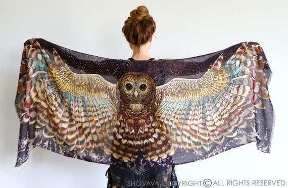Owl Silk Scarf Shawl