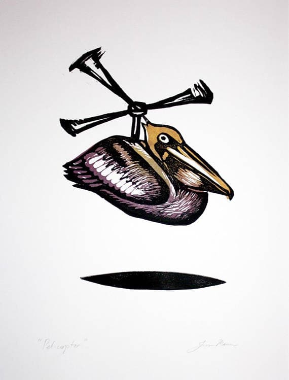 Pelicopter, Handmade linocut print