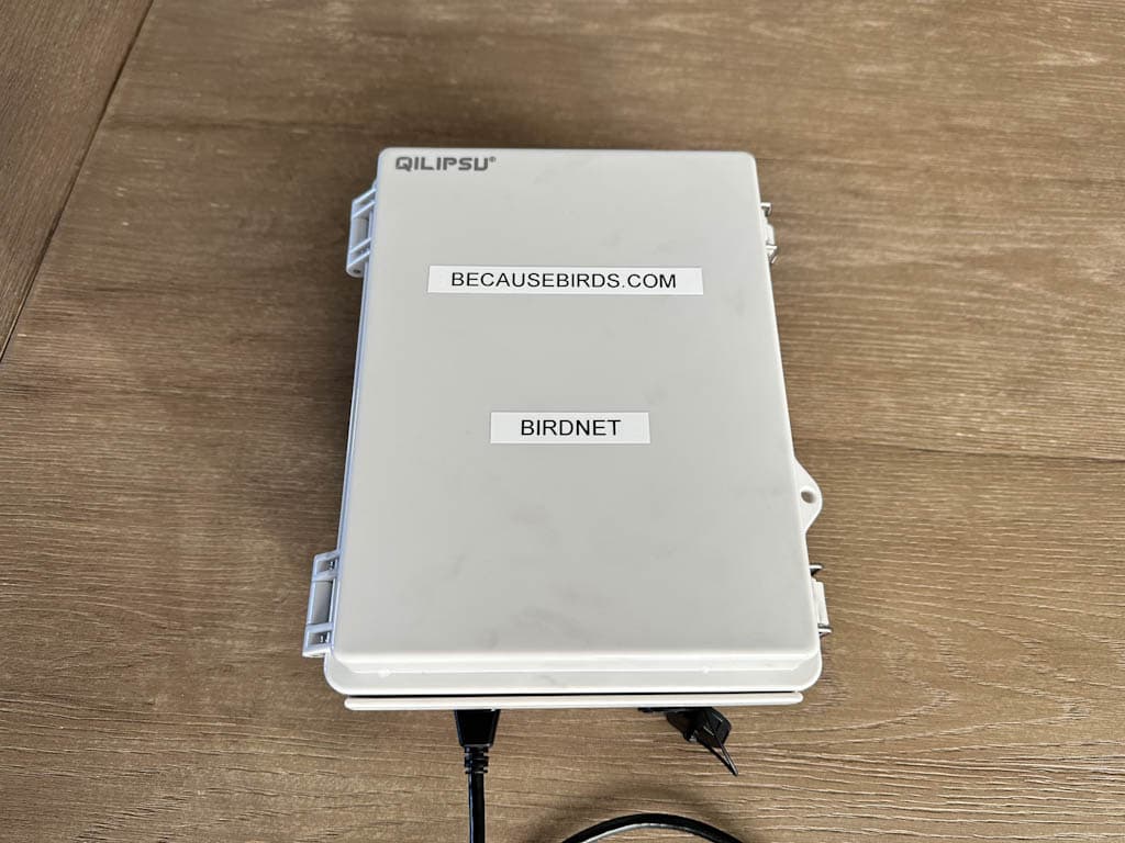 The front side of the BirdNET-Pi enclosure. It didn’t need a label, but I have a label maker so why not?