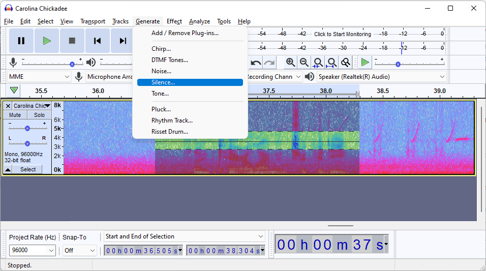Add silence but don't delete audio between bird calls
