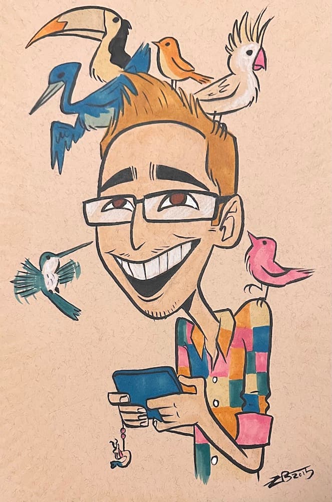 pen and marker illustration of jeff with birds on his shoulders