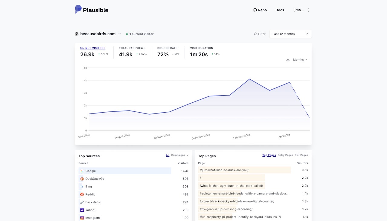 because birds website analytics dashboard