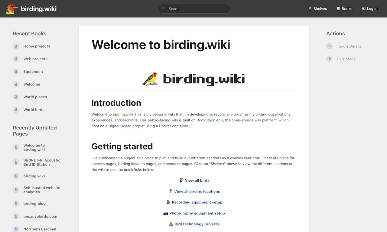 The birding.wiki homepage on BookStack App