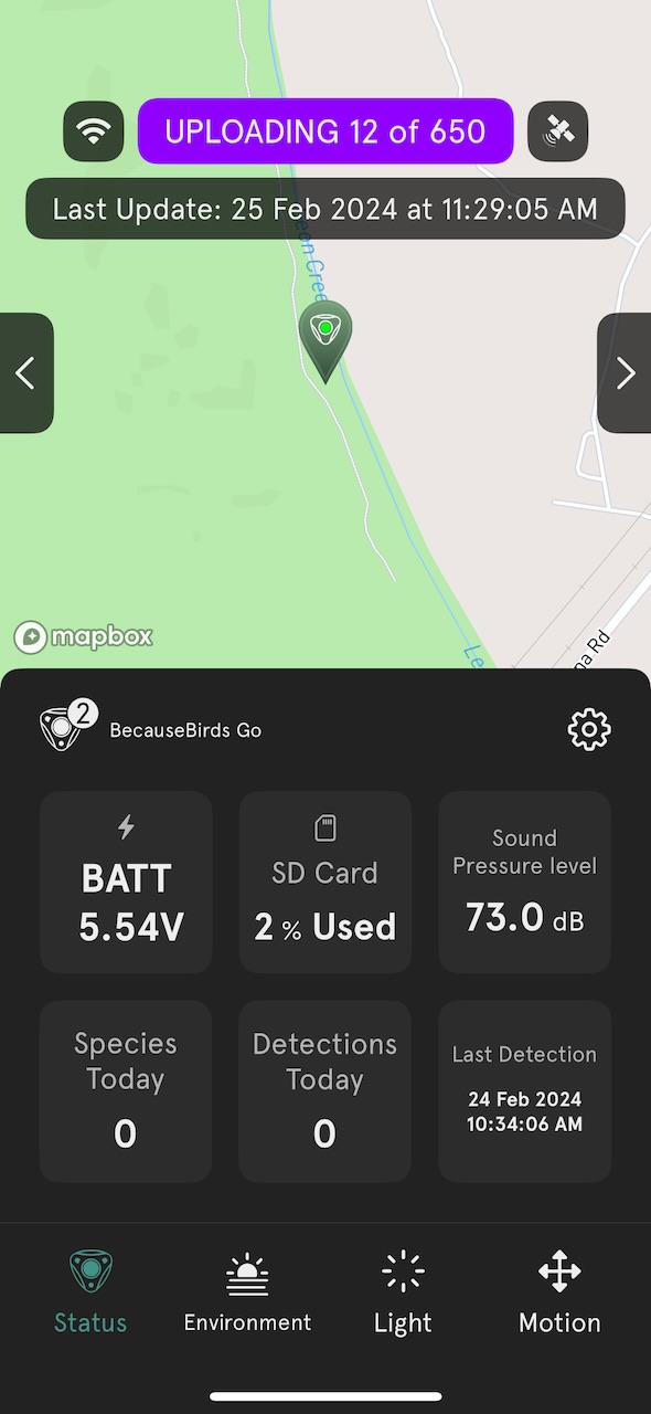The BirdWeather app displays the PUC's upload progress