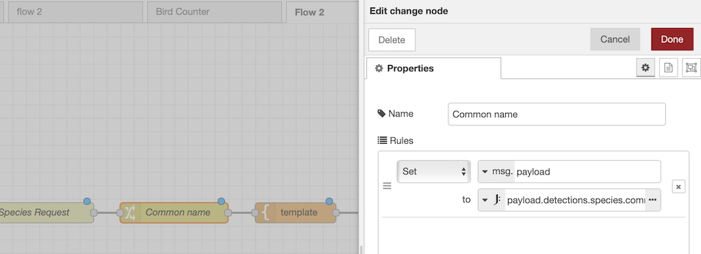 Set msg.payload to expression: payload.detections.species.commonName as in this screenshot
