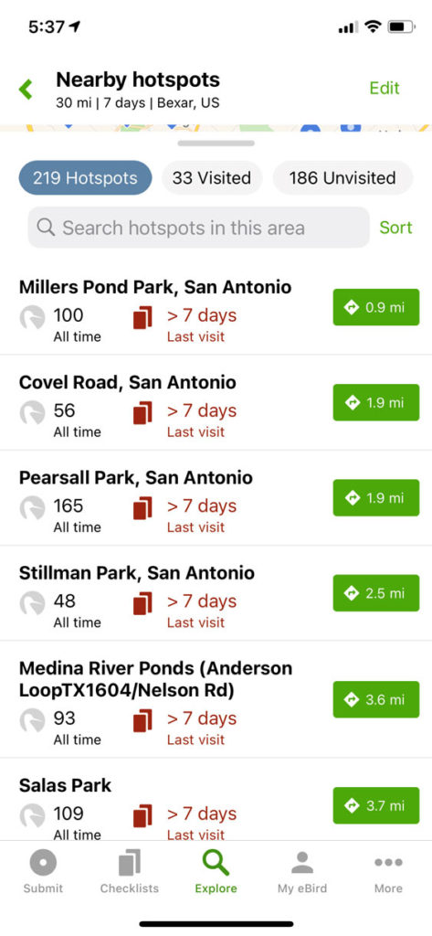 eBird App explore hotspots list view