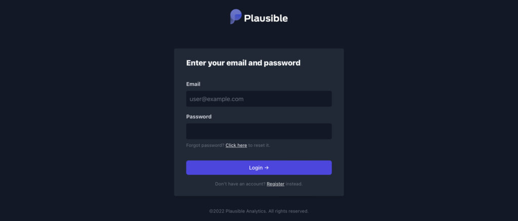 Plausible analytics login screen