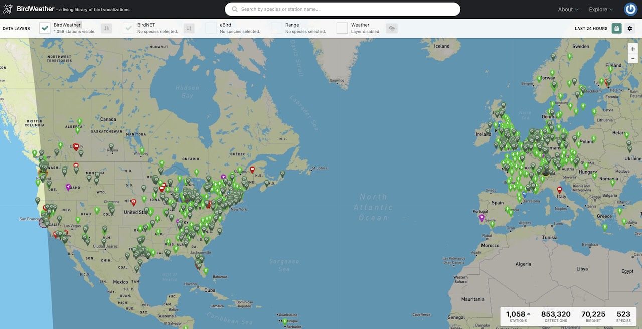 World map on birdweather.com showing the active PUC stations