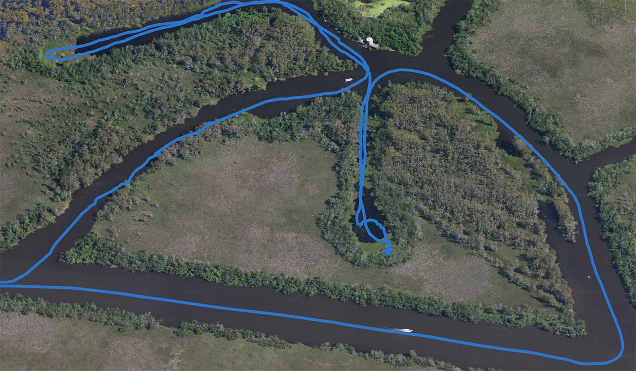 a map view with travel line of the swamp tour boat path in new orleans bayou