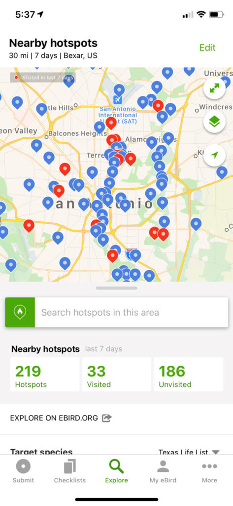 eBird app explore hotspots view