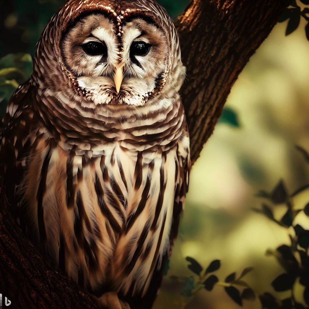 AI-generated barred owl perched in tree.