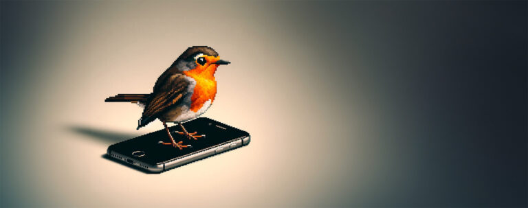 pixel art of a robin standing on a cell phone